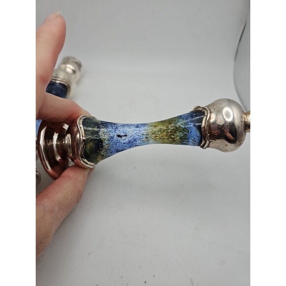 Vintage Pair 925 Silver and Blue Stained Glass Candle Holders - Picture 3 of 6
